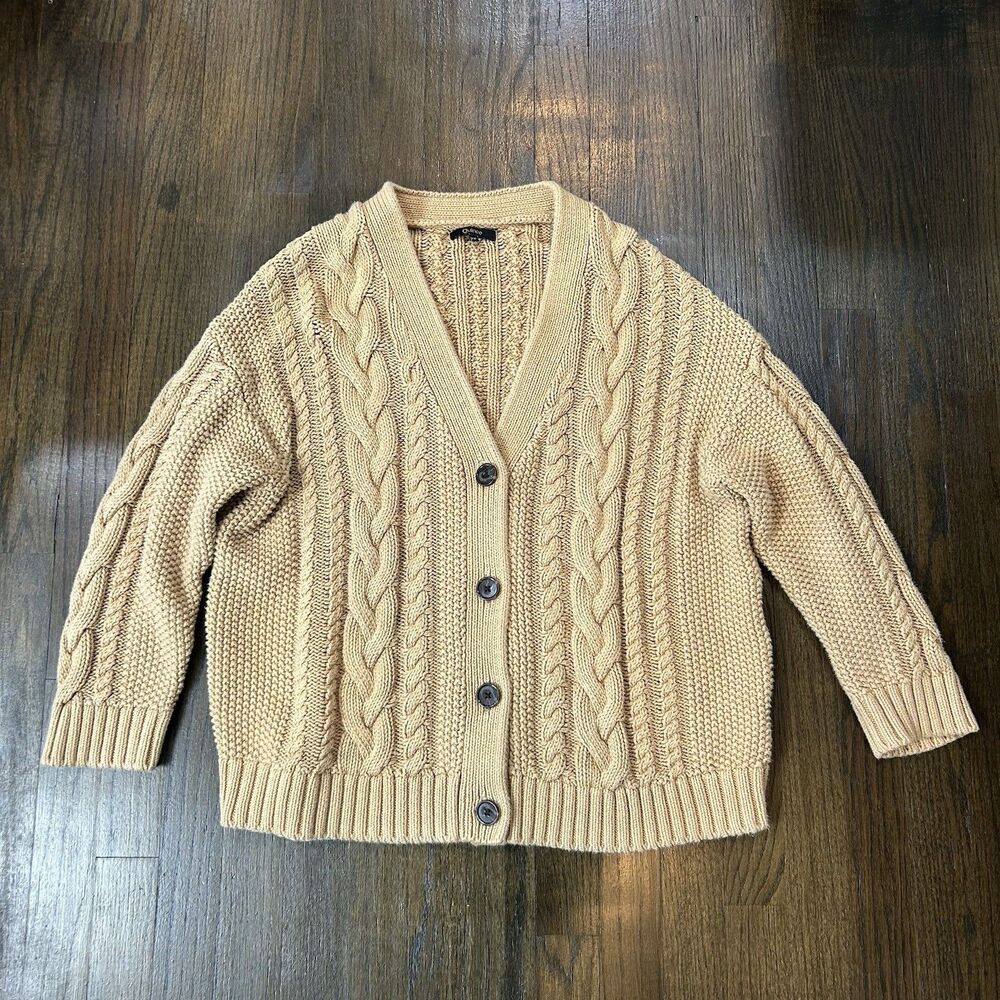 Quince 100% Organic Cotton Oversized Cable Cardigan Womens XS Camel Sweater